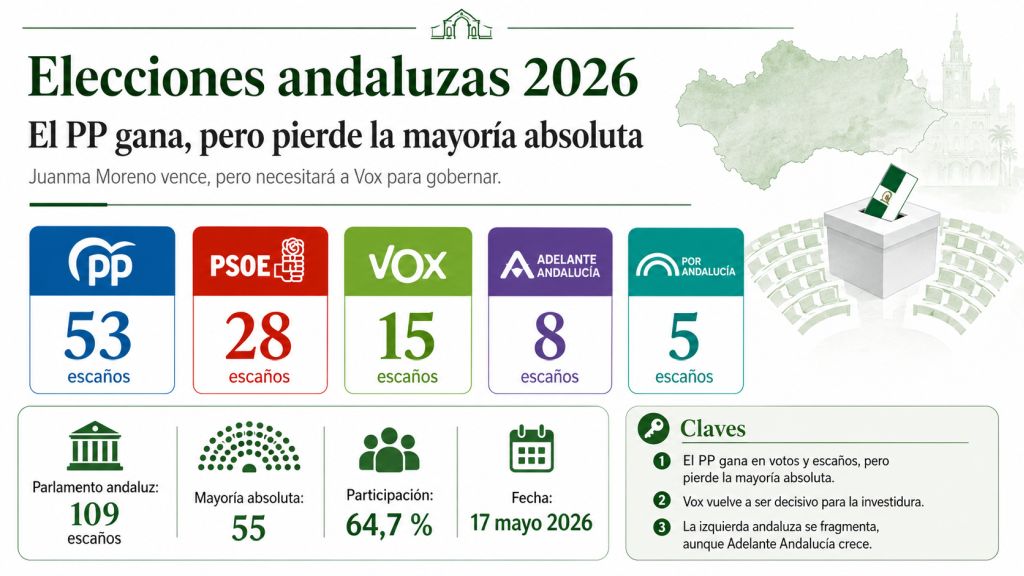 Infografía sobre las elecciones andaluzas de 2026, con los resultados por escaños: PP 53, PSOE 28, Vox 15, Adelante Andalucía 8 y Por Andalucía 5. Incluye el dato de mayoría absoluta en 55 escaños, participación del 64,7 %, fecha del 17 de mayo de 2026 y la idea central de que el PP gana, pero pierde la mayoría absoluta y necesitará a Vox para gobernar.