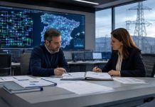 Red Eléctrica y la CNMC: un informe a tener en cuenta ala de control eléctrico con profesionales revisando documentos técnicos y pantallas de red, en una escena sobre la supervisión de la CNMC a Red Eléctric