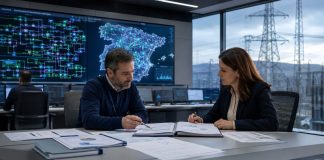 Red Eléctrica y la CNMC: un informe a tener en cuenta ala de control eléctrico con profesionales revisando documentos técnicos y pantallas de red, en una escena sobre la supervisión de la CNMC a Red Eléctric