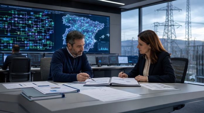 Red Eléctrica y la CNMC: un informe a tener en cuenta ala de control eléctrico con profesionales revisando documentos técnicos y pantallas de red, en una escena sobre la supervisión de la CNMC a Red Eléctric