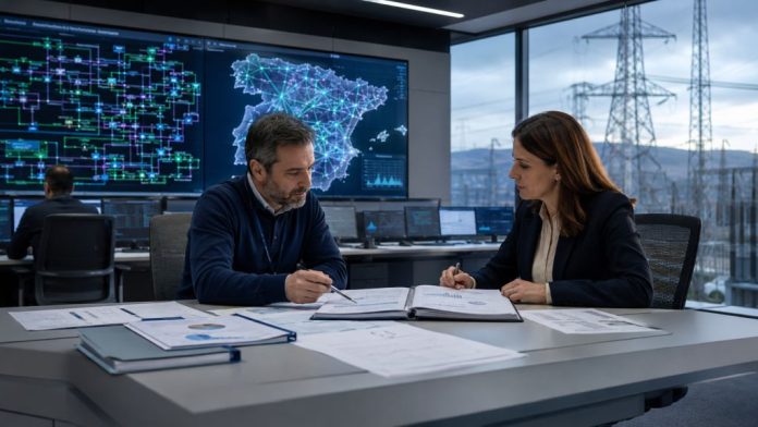 ala de control eléctrico con profesionales revisando documentos técnicos y pantallas de red, en una escena sobre la supervisión de la CNMC a Red Eléctric