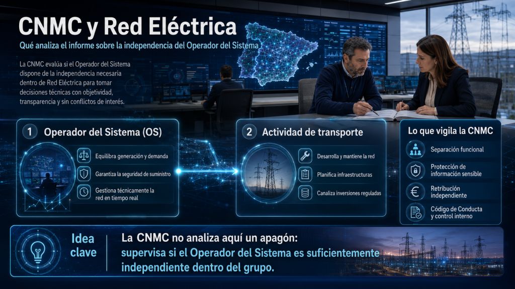 Infografía sobre el informe de la CNMC y Red Eléctrica que explica la diferencia entre Operador del Sistema, actividad de transporte y separación funcional.