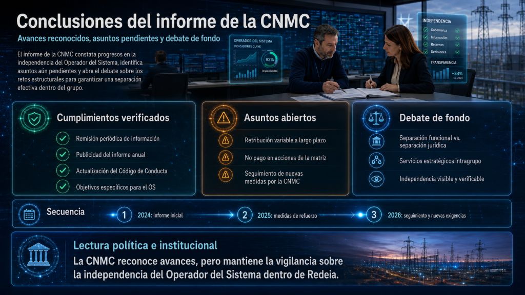 Infografía con las conclusiones del informe de la CNMC sobre Red Eléctrica, destacando cumplimientos verificados, asuntos abiertos y debate institucional.