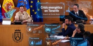 Crisis energética Tenerife: cuando la geopolítica entra por la cesta Imagen retocada del pleno del Cabildo de Tenerife con efectos holográficos sobre la crisis energética en Tenerife. La escena muestra a representantes institucionales en el salón de plenos, con gráficos luminosos superpuestos sobre combustibles, transporte y logística, agua y desalación, inflación, cesta de la compra y transición energética. La imagen relaciona el debate político insular con el impacto económico de Oriente Medio y la necesidad de reducir la dependencia del petróleo.
