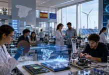 España Deep Tech: ciencia pública para no depender de otros Centro de investigación tecnológica avanzado en España, con científicos e ingenieros trabajando en semiconductores, robótica, biotecnología, inteligencia artificial y energías limpias. La imagen muestra pantallas holográficas con datos y un mapa de España, junto a símbolos europeos y españoles, transmitiendo una idea de ciencia pública, innovación y soberanía tecnológica.