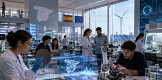 España Deep Tech: ciencia pública para no depender de otros Centro de investigación tecnológica avanzado en España, con científicos e ingenieros trabajando en semiconductores, robótica, biotecnología, inteligencia artificial y energías limpias. La imagen muestra pantallas holográficas con datos y un mapa de España, junto a símbolos europeos y españoles, transmitiendo una idea de ciencia pública, innovación y soberanía tecnológica.