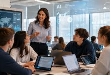IA y empleo: lo que los padres tecnológicos dicen a sus hijos Imagen fotorrealista de un aula moderna y luminosa donde varios jóvenes trabajan con portátiles y tabletas mientras una profesora guía una conversación sobre inteligencia artificial. Sobre la escena aparecen interfaces holográficas con datos, gráficos y referencias a la IA, transmitiendo una visión humana, educativa y esperanzadora del futuro del empleo.