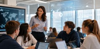 IA y empleo: lo que los padres tecnológicos dicen a sus hijos Imagen fotorrealista de un aula moderna y luminosa donde varios jóvenes trabajan con portátiles y tabletas mientras una profesora guía una conversación sobre inteligencia artificial. Sobre la escena aparecen interfaces holográficas con datos, gráficos y referencias a la IA, transmitiendo una visión humana, educativa y esperanzadora del futuro del empleo.