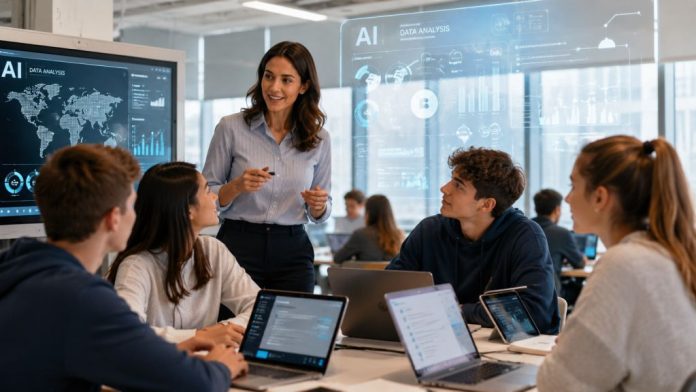 Imagen fotorrealista de un aula moderna y luminosa donde varios jóvenes trabajan con portátiles y tabletas mientras una profesora guía una conversación sobre inteligencia artificial. Sobre la escena aparecen interfaces holográficas con datos, gráficos y referencias a la IA, transmitiendo una visión humana, educativa y esperanzadora del futuro del empleo.