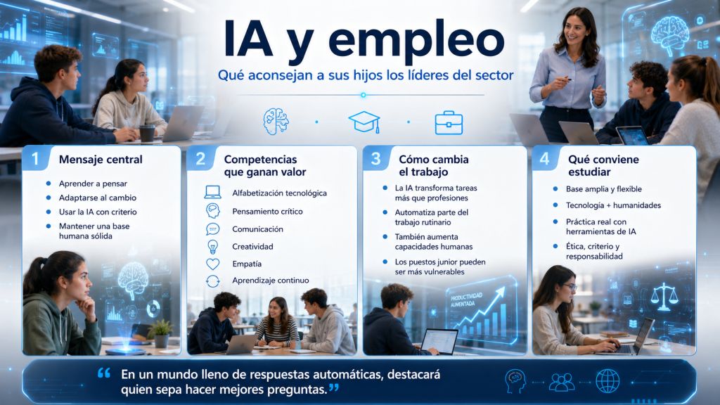 Imagen fotorrealista de un aula moderna y luminosa donde varios jóvenes trabajan con portátiles y tabletas mientras una profesora guía una conversación sobre inteligencia artificial. Sobre la escena aparecen interfaces holográficas con datos, gráficos y referencias a la IA, transmitiendo una visión humana, educativa y esperanzadora del futuro del empleo.