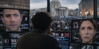 Deepfakes y democracia: cuando la mentira parece verdad Persona observando varias pantallas con rostros digitales manipulados mediante inteligencia artificial, en un entorno urbano e institucional desenfocado, como símbolo del impacto de los deepfakes en la democracia y la verdad pública.
