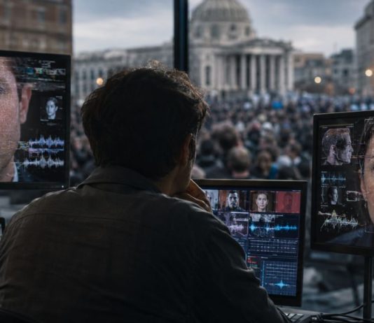 Deepfakes y democracia: cuando la mentira parece verdad Persona observando varias pantallas con rostros digitales manipulados mediante inteligencia artificial, en un entorno urbano e institucional desenfocado, como símbolo del impacto de los deepfakes en la democracia y la verdad pública.