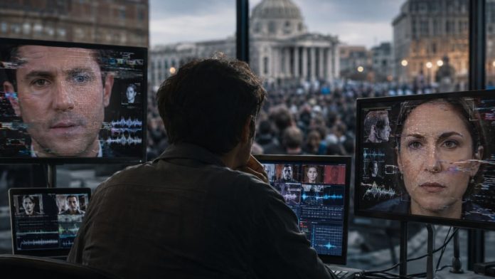Persona observando varias pantallas con rostros digitales manipulados mediante inteligencia artificial, en un entorno urbano e institucional desenfocado, como símbolo del impacto de los deepfakes en la democracia y la verdad pública.