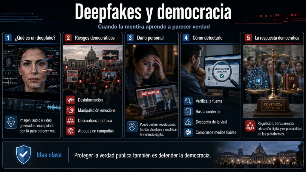 Infografía sobre deepfakes y democracia que explica qué es un deepfake, sus riesgos democráticos, el daño personal que puede causar, cómo detectarlo y la necesidad de regulación, transparencia, educación digital y responsabilidad de las plataformas.