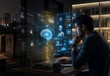 La inteligencia artificial y las nuevas castas digitales Persona trabajando de noche frente a un ordenador portátil, rodeada de interfaces holográficas de inteligencia artificial. La escena contrapone el acceso avanzado a herramientas digitales con una zona más oscura que sugiere desigualdad tecnológica y dependencia de la IA.