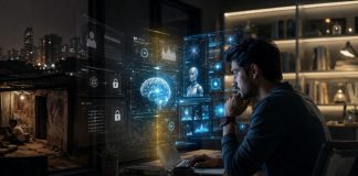 La inteligencia artificial y las nuevas castas digitales Persona trabajando de noche frente a un ordenador portátil, rodeada de interfaces holográficas de inteligencia artificial. La escena contrapone el acceso avanzado a herramientas digitales con una zona más oscura que sugiere desigualdad tecnológica y dependencia de la IA.