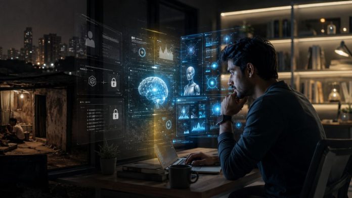 Persona trabajando de noche frente a un ordenador portátil, rodeada de interfaces holográficas de inteligencia artificial. La escena contrapone el acceso avanzado a herramientas digitales con una zona más oscura que sugiere desigualdad tecnológica y dependencia de la IA.