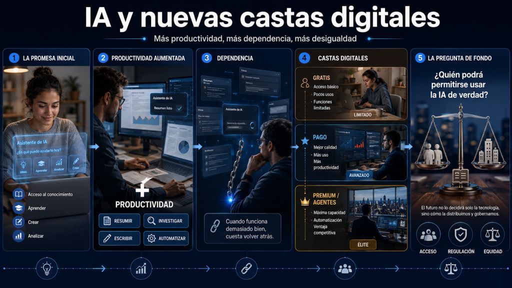 Infografía titulada “IA y nuevas castas digitales”, organizada en cinco bloques: promesa inicial de acceso al conocimiento, aumento de productividad, dependencia de la herramienta, división entre usuarios gratis, de pago y premium, y pregunta final sobre quién podrá usar realmente la inteligencia artificial avanzada. La composición combina escenas fotorrealistas, iconos tecnológicos, flechas y una balanza que representa acceso, regulación y equidad.