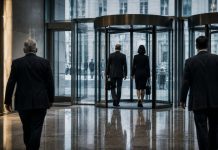 Tráfico de influencias y puertas giratorias: la frontera incómoda Imagen fotorrealista de un vestíbulo corporativo con puertas giratorias de cristal, donde varias personas vestidas con traje caminan de espaldas hacia la entrada. La escena simboliza las puertas giratorias entre el poder público y la gran empresa, con una atmósfera sobria, elegante y algo fría, marcada por reflejos en el suelo, grandes cristaleras y un ambiente institucional.