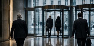 Tráfico de influencias y puertas giratorias: la frontera incómoda Imagen fotorrealista de un vestíbulo corporativo con puertas giratorias de cristal, donde varias personas vestidas con traje caminan de espaldas hacia la entrada. La escena simboliza las puertas giratorias entre el poder público y la gran empresa, con una atmósfera sobria, elegante y algo fría, marcada por reflejos en el suelo, grandes cristaleras y un ambiente institucional.
