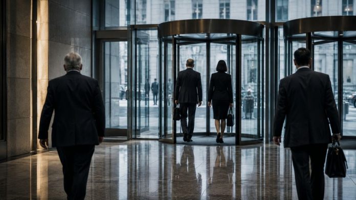 Influencia 1 Imagen fotorrealista de un vestíbulo corporativo con puertas giratorias de cristal, donde varias personas vestidas con traje caminan de espaldas hacia la entrada. La escena simboliza las puertas giratorias entre el poder público y la gran empresa, con una atmósfera sobria, elegante y algo fría, marcada por reflejos en el suelo, grandes cristaleras y un ambiente institucional.