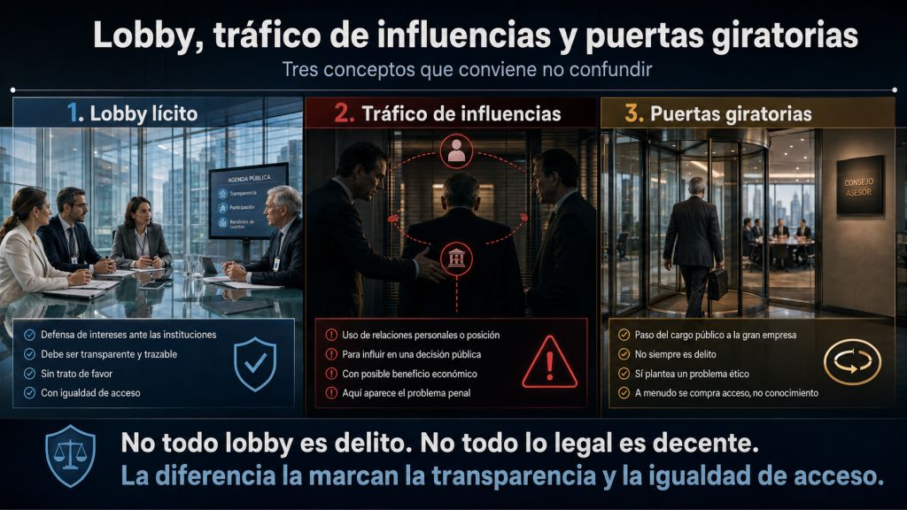 Infografía en formato horizontal titulada “Lobby, tráfico de influencias y puertas giratorias”, que compara tres conceptos relacionados con la influencia del poder económico sobre las instituciones. A la izquierda, una reunión institucional transparente representa el lobby lícito, basado en la defensa de intereses, la trazabilidad y la igualdad de acceso. En el centro, una escena oscura con intermediarios y señales de alerta simboliza el tráfico de influencias, asociado al uso de relaciones personales para condicionar decisiones públicas con posible beneficio económico. A la derecha, una puerta giratoria de cristal conduce hacia un consejo asesor empresarial, ilustrando el paso de antiguos cargos públicos a grandes empresas. En la parte inferior se destaca el mensaje: “No todo lobby es delito. No todo lo legal es decente. La diferencia la marcan la transparencia y la igualdad de acceso.”