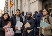 Regularización migratoria: el miedo no puede sustituir al derecho Grupo diverso de personas migrantes, algunas con carpetas y documentos en la mano, esperando ante un edificio público en España para realizar trámites administrativos. La escena transmite dignidad, calma y esperanza dentro de un proceso de regularización migratoria.