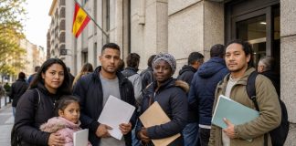 Regularización migratoria: el miedo no puede sustituir al derecho Grupo diverso de personas migrantes, algunas con carpetas y documentos en la mano, esperando ante un edificio público en España para realizar trámites administrativos. La escena transmite dignidad, calma y esperanza dentro de un proceso de regularización migratoria.