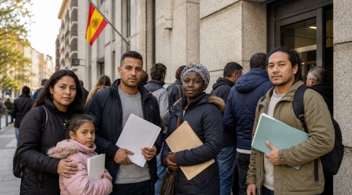 Regularización migratoria: el miedo no puede sustituir al derecho Grupo diverso de personas migrantes, algunas con carpetas y documentos en la mano, esperando ante un edificio público en España para realizar trámites administrativos. La escena transmite dignidad, calma y esperanza dentro de un proceso de regularización migratoria.