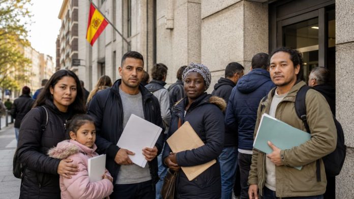 Grupo diverso de personas migrantes, algunas con carpetas y documentos en la mano, esperando ante un edificio público en España para realizar trámites administrativos. La escena transmite dignidad, calma y esperanza dentro de un proceso de regularización migratoria.