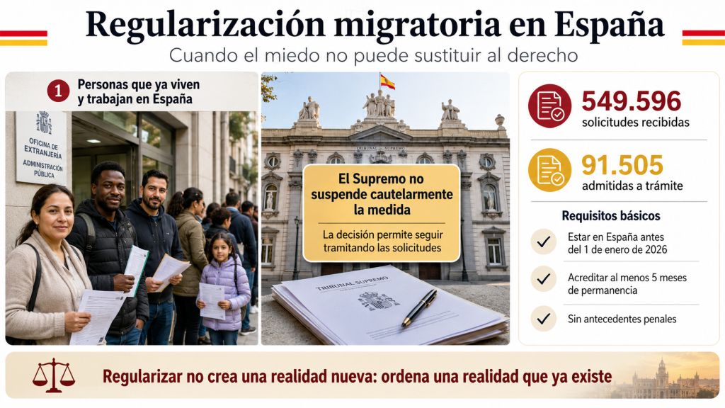 Infografía sobre la regularización migratoria en España, con imágenes de personas migrantes ante una oficina pública, una referencia al Tribunal Supremo y datos destacados: 549.596 solicitudes recibidas y 91.505 admitidas a trámite. Incluye los requisitos básicos y el mensaje central de que regularizar no crea una realidad nueva, sino que ordena una realidad que ya existe.