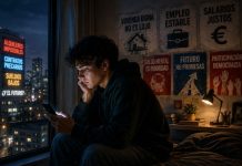 La izquierda y los jóvenes: el problema no es TikTok Joven sentado de noche junto a una ventana, iluminado por la luz del móvil, con una ciudad al fondo y mensajes sobre alquileres imposibles, contratos precarios, sueldos bajos, vivienda digna, empleo estable, salud mental y futuro. La imagen transmite incertidumbre generacional, falta de horizonte vital y necesidad de una respuesta política que hable de vivienda, trabajo digno y democracia.