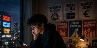 La izquierda y los jóvenes: el problema no es TikTok Joven sentado de noche junto a una ventana, iluminado por la luz del móvil, con una ciudad al fondo y mensajes sobre alquileres imposibles, contratos precarios, sueldos bajos, vivienda digna, empleo estable, salud mental y futuro. La imagen transmite incertidumbre generacional, falta de horizonte vital y necesidad de una respuesta política que hable de vivienda, trabajo digno y democracia.