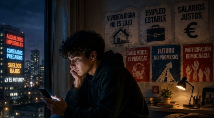 La izquierda y los jóvenes: el problema no es TikTok Joven sentado de noche junto a una ventana, iluminado por la luz del móvil, con una ciudad al fondo y mensajes sobre alquileres imposibles, contratos precarios, sueldos bajos, vivienda digna, empleo estable, salud mental y futuro. La imagen transmite incertidumbre generacional, falta de horizonte vital y necesidad de una respuesta política que hable de vivienda, trabajo digno y democracia.