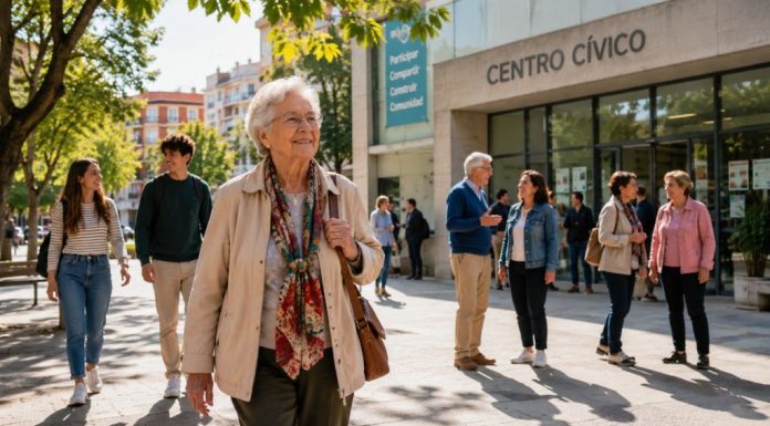 Envejecer con derechos: la deuda democrática con los mayores Persona mayor caminando con autonomía por una plaza luminosa junto a personas de distintas generaciones, con un centro cívico al fondo.