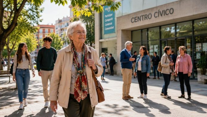 Persona mayor caminando con autonomía por una plaza luminosa junto a personas de distintas generaciones, con un centro cívico al fondo.