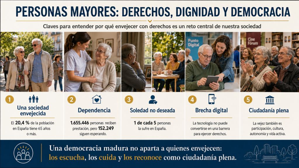 Infografía sobre los derechos de las personas mayores, con escenas de envejecimiento activo, cuidados, soledad no deseada, brecha digital y ciudadanía plena.