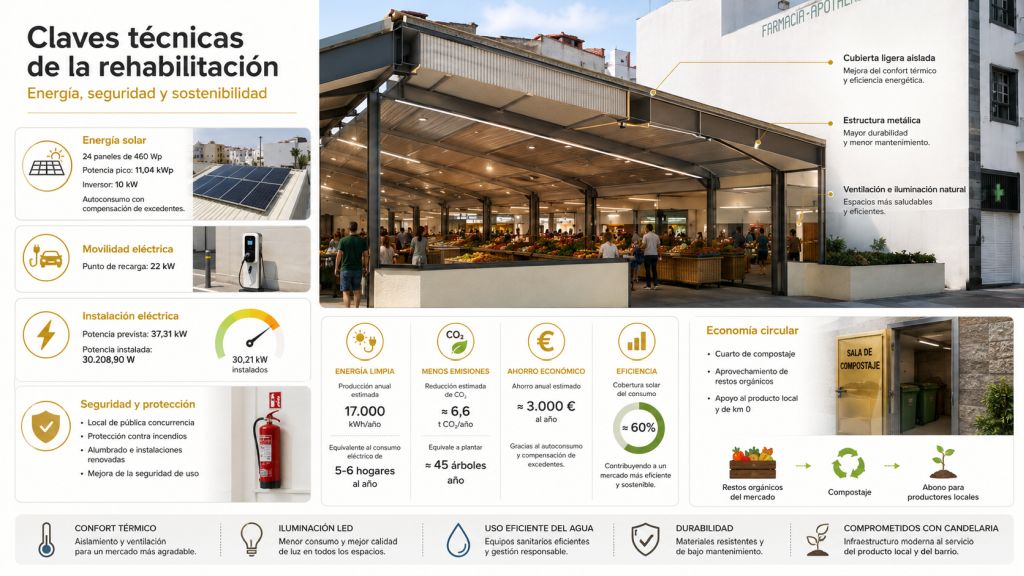 Infografía técnica sobre la rehabilitación del Mercadillo del Agricultor de Candelaria, centrada en energía, seguridad y sostenibilidad. Presenta una vista fotorrealista del mercado renovado con cubierta ligera, estructura metálica, iluminación interior y puestos de venta. Resume la instalación fotovoltaica prevista, con 24 paneles de 460 Wp, 11,04 kWp de potencia pico e inversor de 10 kW; el punto de recarga eléctrica de 22 kW; la instalación eléctrica con 37,31 kW de potencia prevista y 30.208,90 W instalados; las medidas de seguridad y protección contra incendios; y la economía circular mediante cuarto de compostaje y aprovechamiento de restos orgánicos.
