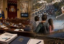 Canarias ante el espejo: crecer no basta si la vida sigue apretando Vista editorial del Parlamento de Canarias con símbolos de debate público, servicios esenciales, desigualdad social y transición energética.