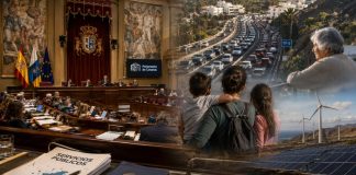 Canarias ante el espejo: crecer no basta si la vida sigue apretando Vista editorial del Parlamento de Canarias con símbolos de debate público, servicios esenciales, desigualdad social y transición energética.