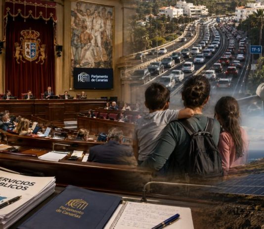 Canarias ante el espejo: crecer no basta si la vida sigue apretando Vista editorial del Parlamento de Canarias con símbolos de debate público, servicios esenciales, desigualdad social y transición energética.