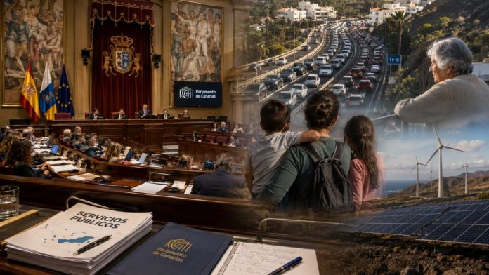 Vista editorial del Parlamento de Canarias con símbolos de debate público, servicios esenciales, desigualdad social y transición energética.