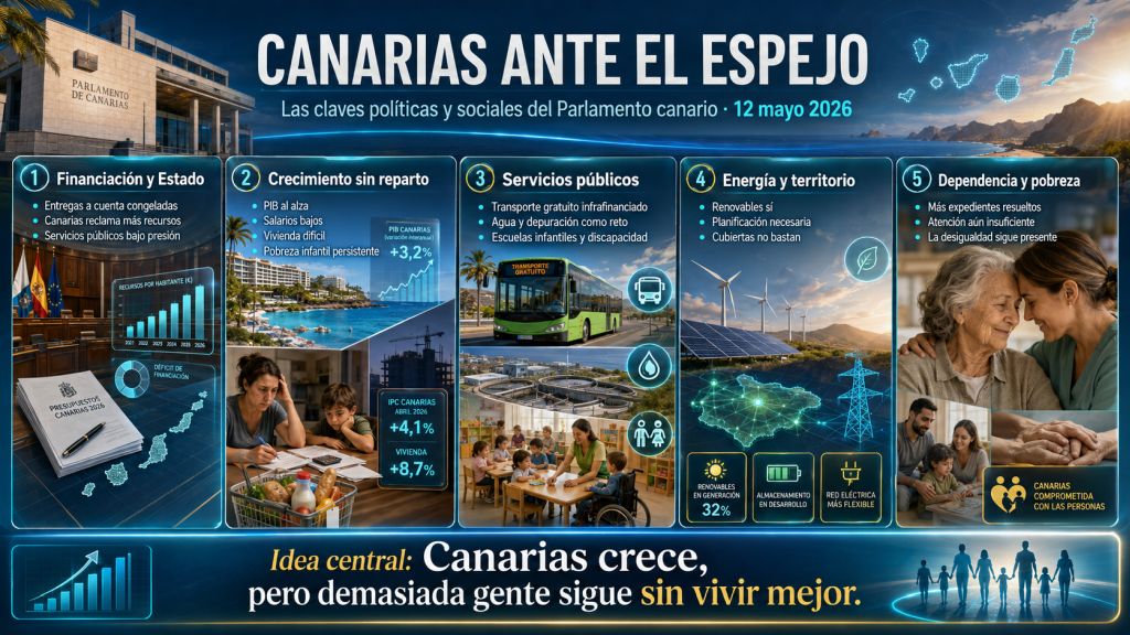 Vista editorial del Parlamento de Canarias con símbolos de debate público, servicios esenciales, desigualdad social y transición energética.