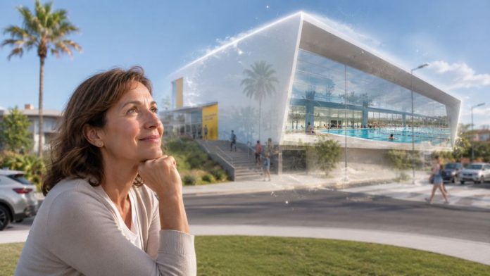 Mujer de mediana edad observa con ilusión la futura piscina municipal de Candelaria, representada como una infraestructura moderna y luminosa.