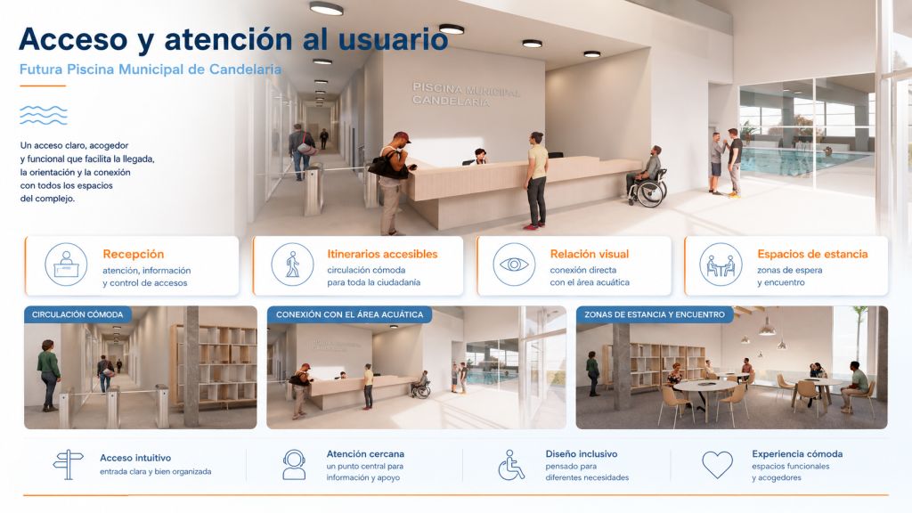 Infografía de la recepción y acceso de la futura Piscina Municipal de Candelaria, con mostrador de atención, itinerarios accesibles, conexión visual con la piscina y zonas de espera para usuarios.