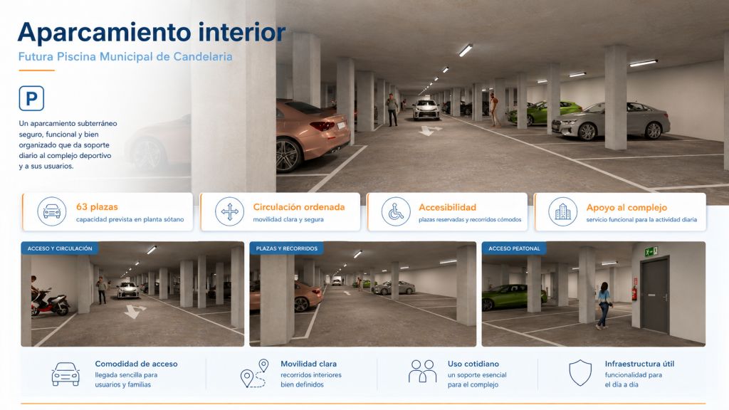 Infografía del aparcamiento interior de la futura Piscina Municipal de Candelaria, con 63 plazas previstas, circulación ordenada, plazas accesibles y conexión funcional con el complejo deportivo.