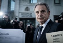 Lawfare contra Zapatero: la sospecha judicial, munición política José Luis Rodríguez Zapatero aparece en primer plano, con gesto serio y reflexivo, frente a la Audiencia Nacional y rodeado de cámaras de prensa. En la escena se ven documentos judiciales desenfocados con referencias a “querella”, “diligencias previas” y “lawfare”, simbolizando la presión mediática y judicial en torno al caso Plus Ultra.
