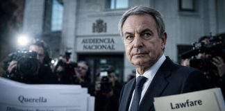 Lawfare contra Zapatero: la sospecha judicial, munición política José Luis Rodríguez Zapatero aparece en primer plano, con gesto serio y reflexivo, frente a la Audiencia Nacional y rodeado de cámaras de prensa. En la escena se ven documentos judiciales desenfocados con referencias a “querella”, “diligencias previas” y “lawfare”, simbolizando la presión mediática y judicial en torno al caso Plus Ultra.