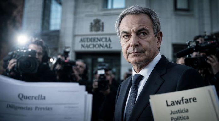 Lawfare contra Zapatero: la sospecha judicial, munición política José Luis Rodríguez Zapatero aparece en primer plano, con gesto serio y reflexivo, frente a la Audiencia Nacional y rodeado de cámaras de prensa. En la escena se ven documentos judiciales desenfocados con referencias a “querella”, “diligencias previas” y “lawfare”, simbolizando la presión mediática y judicial en torno al caso Plus Ultra.