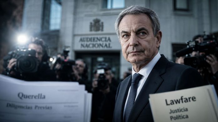 José Luis Rodríguez Zapatero aparece en primer plano, con gesto serio y reflexivo, frente a la Audiencia Nacional y rodeado de cámaras de prensa. En la escena se ven documentos judiciales desenfocados con referencias a “querella”, “diligencias previas” y “lawfare”, simbolizando la presión mediática y judicial en torno al caso Plus Ultra.